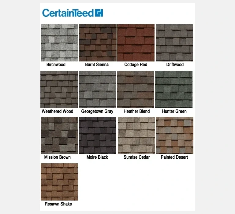 A color chart of certainteed 's roofing shingles.